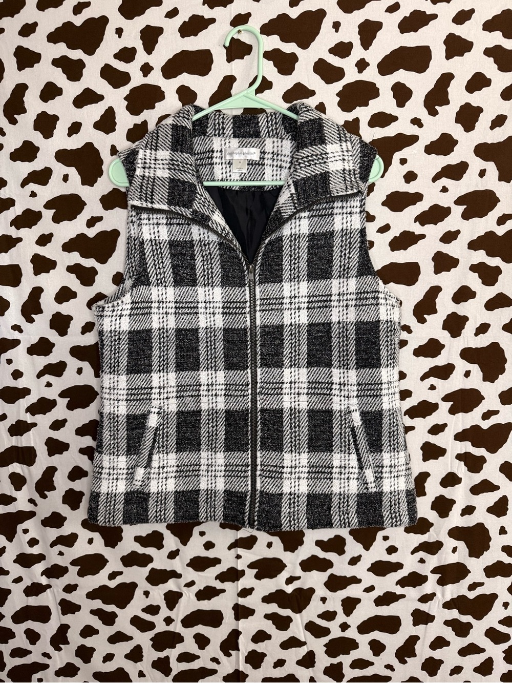 Christopher & Banks green and White Plaid Zip Vest